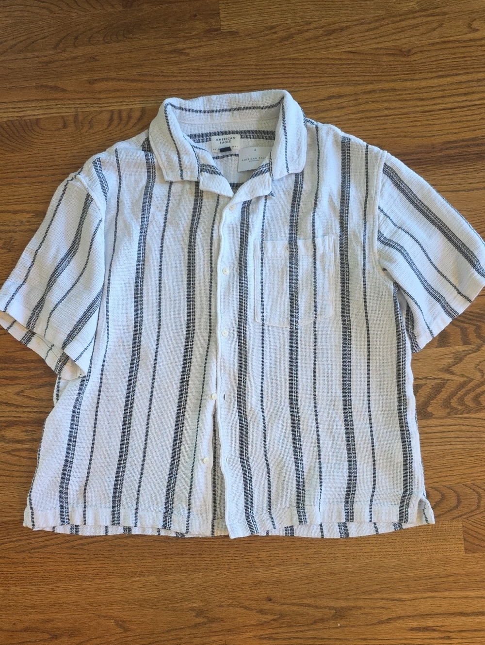 American Eagle Outfitters White Short-Sleeve Button-Up with Black Stripes